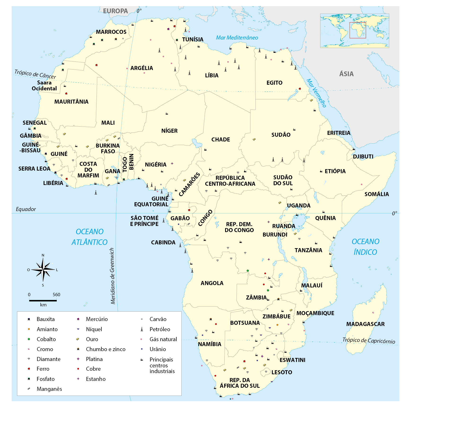 Mapa do continente africano com a distribuição dos recursos minerais e energéticos e dos principais centros industriais. Pictogramas espalhados pelo território indicam ocorrências de bauxita, ouro, diamante, ferro, cobre, manganês, fosfato, chumbo e zinco, platina, estanho, cobalto, cromo, níquel, urânio, carvão, petróleo e gás natural. O petróleo concentra-se no norte do continente, na Argélia, na Líbia e no Egito, e no Golfo da Guiné, da Nigéria a Angola; o ouro e o diamante destacam-se no sul, na República da África do Sul, em Botsuana e no Zimbábue. Os principais centros industriais aparecem no litoral do norte da África, no Egito e, sobretudo, na República da África do Sul. A legenda dos símbolos ocupa o canto inferior esquerdo da imagem.