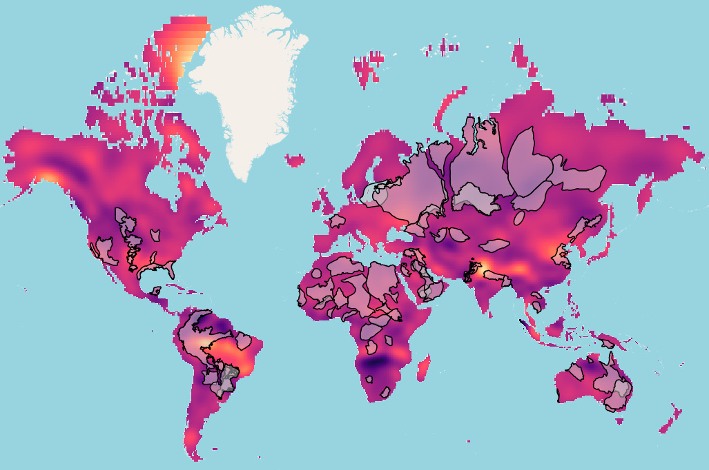 Planisfério com a quantidade de água armazenada nos principais aquíferos do mundo em 2020. Os continentes aparecem coloridos em tons que vão do alaranjado claro ao roxo escuro: quanto mais intensa a tonalidade, maior o volume de água subterrânea. Áreas contornadas em preto destacam os principais aquíferos, presentes em todos os continentes. Na América do Sul, destacam-se o Aquífero Alter do Chão, sob a Amazônia, e o Aquífero Guarani, no centro-sul do continente.