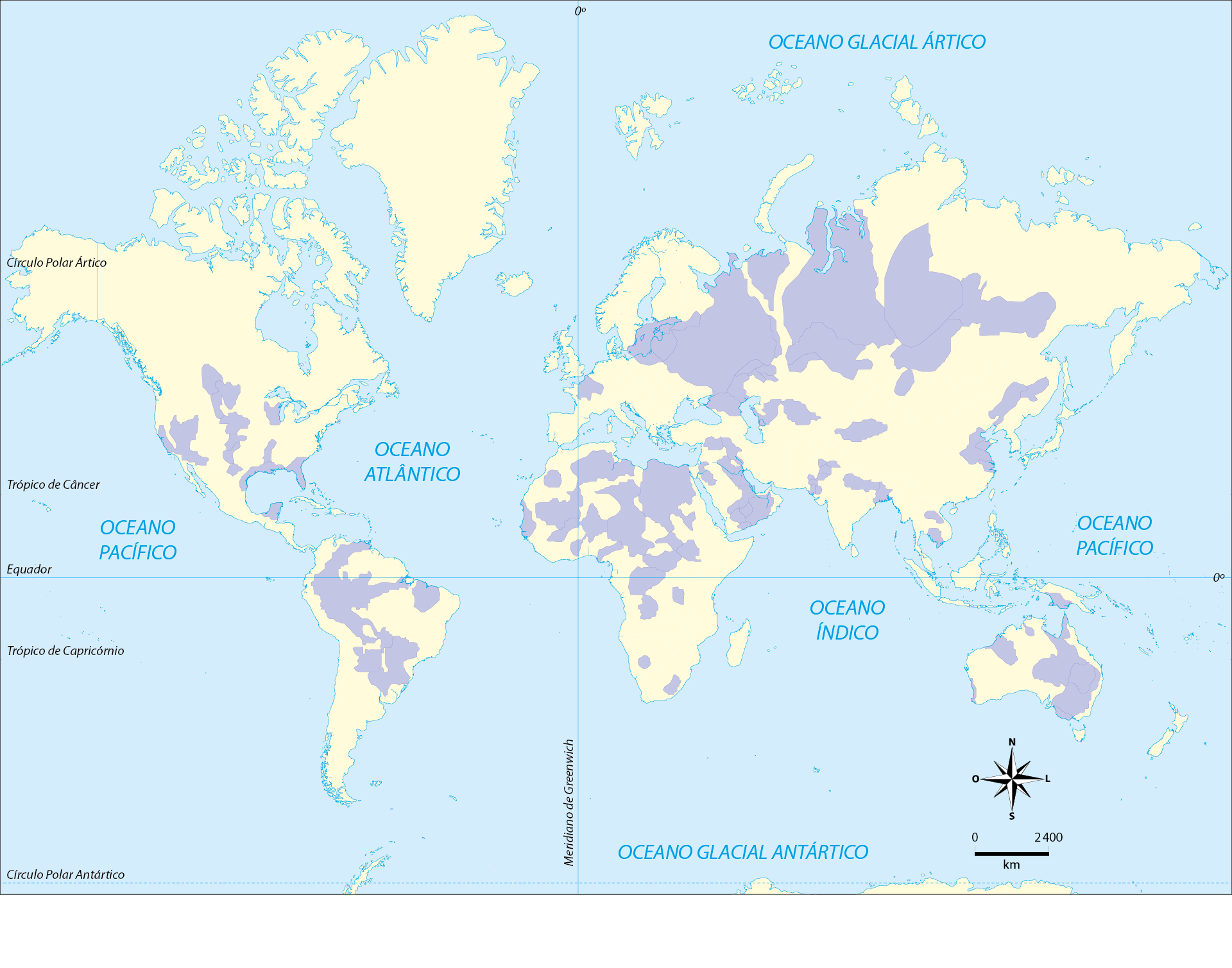 Planisfério com áreas destacadas em lilás sobre os continentes indicando os principais aquíferos do mundo. As maiores manchas aparecem na Rússia e na Ásia Central, no norte da África, sobre o Saara, na Península Arábica, no centro dos Estados Unidos, na Amazônia e na bacia do rio Paraná, onde fica o Aquífero Guarani, além de áreas na Índia, no leste da China e na Austrália. Rosa dos ventos e escala aparecem no canto inferior direito.
