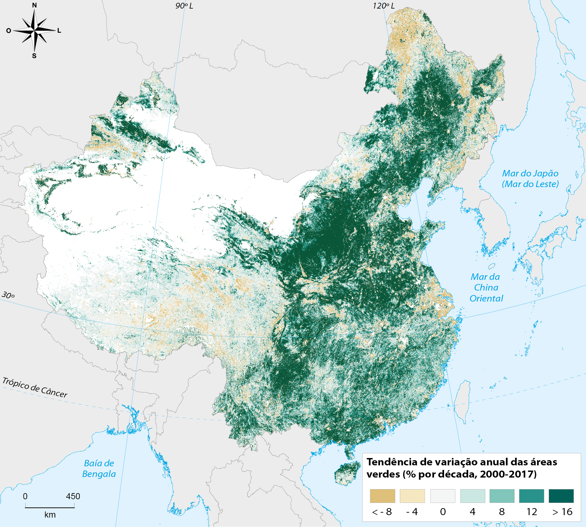 Mapa da China e arredores, elaborado com dados de satélite da NASA, mostrando a tendência média anual de área verde por década entre 2000 e 2017. Tons de verde indicam aumento da vegetação e tons amarelados indicam redução. Grande parte do leste, do sul e do nordeste da China aparece em verde-escuro, sinal de forte aumento das áreas verdes, enquanto as regiões desérticas do oeste e do norte, como o entorno dos desertos de Taklamakan e Gobi, aparecem em tons claros, com pouca variação. A legenda, no canto inferior direito, gradua a variação em porcentagem por década, de menos de 8% negativos a mais de 16% positivos.