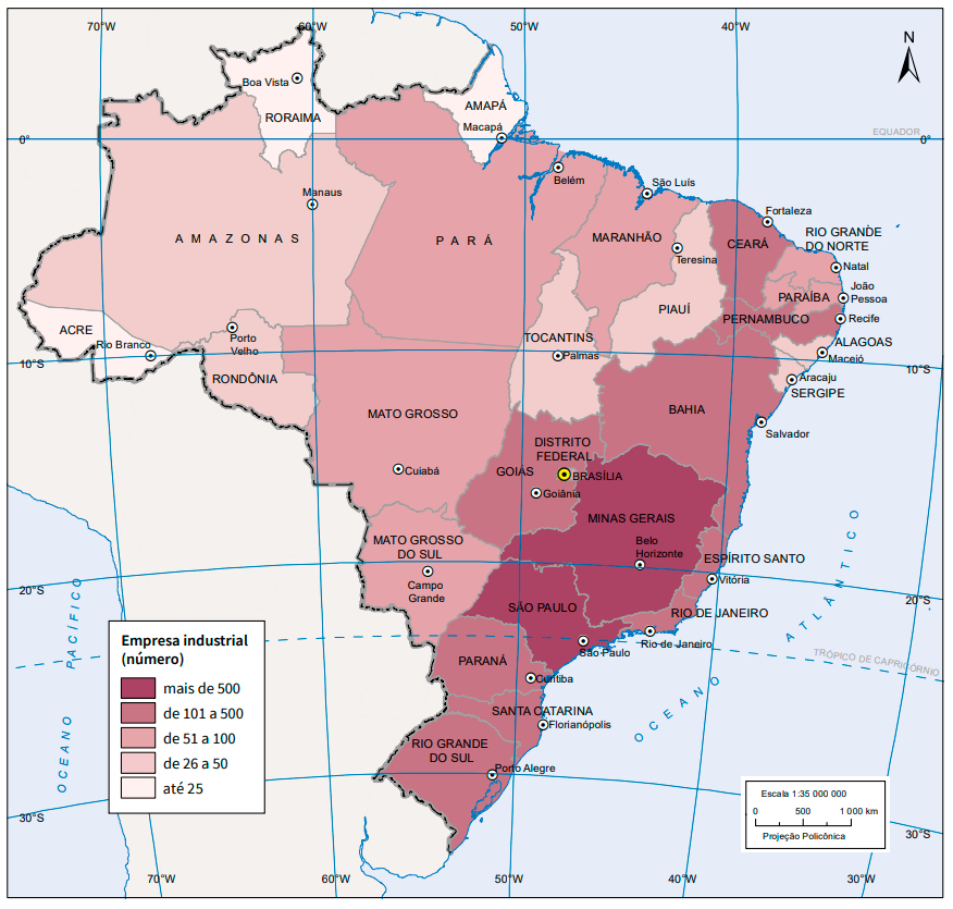 Mapa do Brasil com os estados coloridos em tons de vinho conforme o número de empresas industriais em 2019, do tom mais claro (até 25 empresas) ao mais escuro (mais de 500). Os tons mais escuros concentram-se no Sudeste e no Sul, com destaque para São Paulo e Minas Gerais, enquanto os estados do Norte apresentam tons claros, indicando menos estabelecimentos industriais.